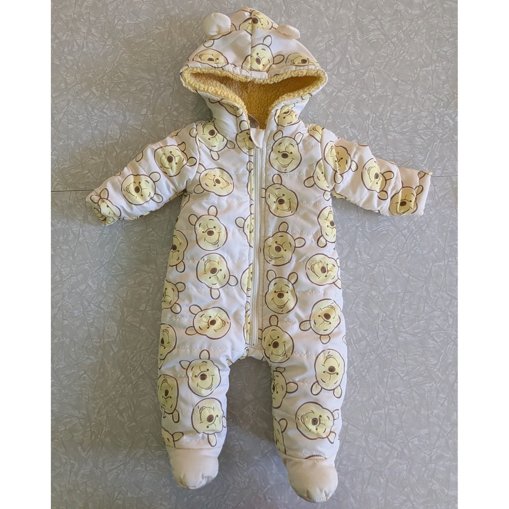 Disney Baby Winnie the Pooh Hooded Snow Suit Bunting Sherpa Lined Yellow 3-6M